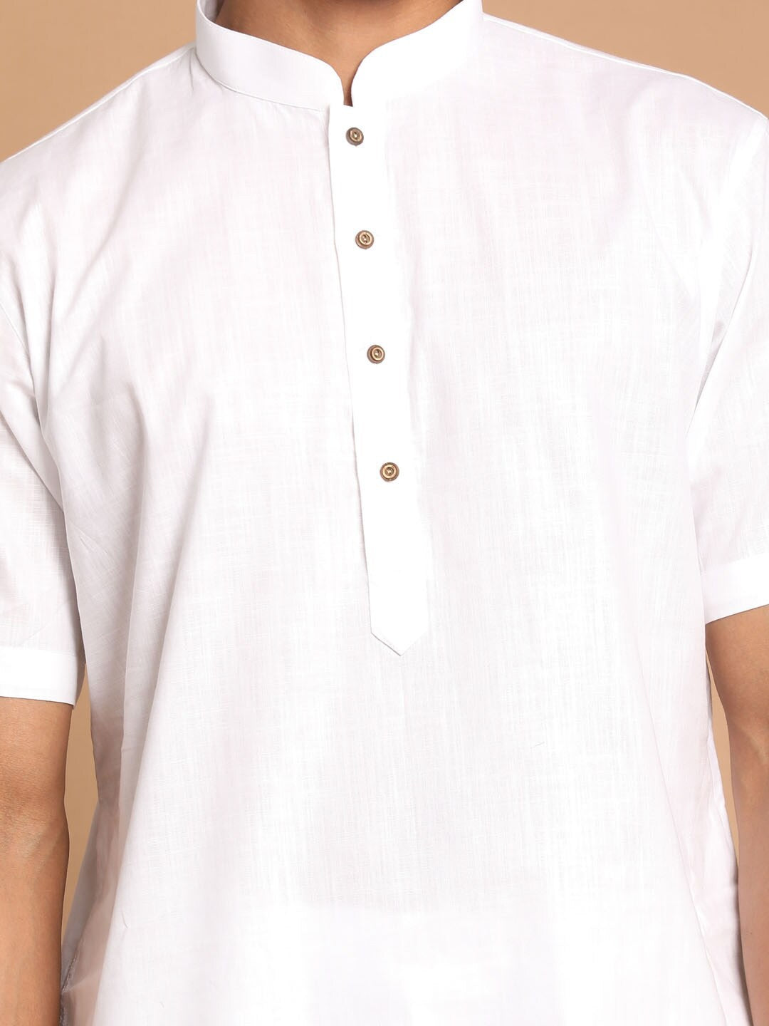 Men White Solid Cotton Linen Blend Half Sleeves Kurta