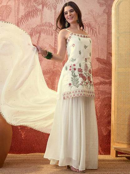 Embroidered Straight Kurta & Palazzos With Dupatta