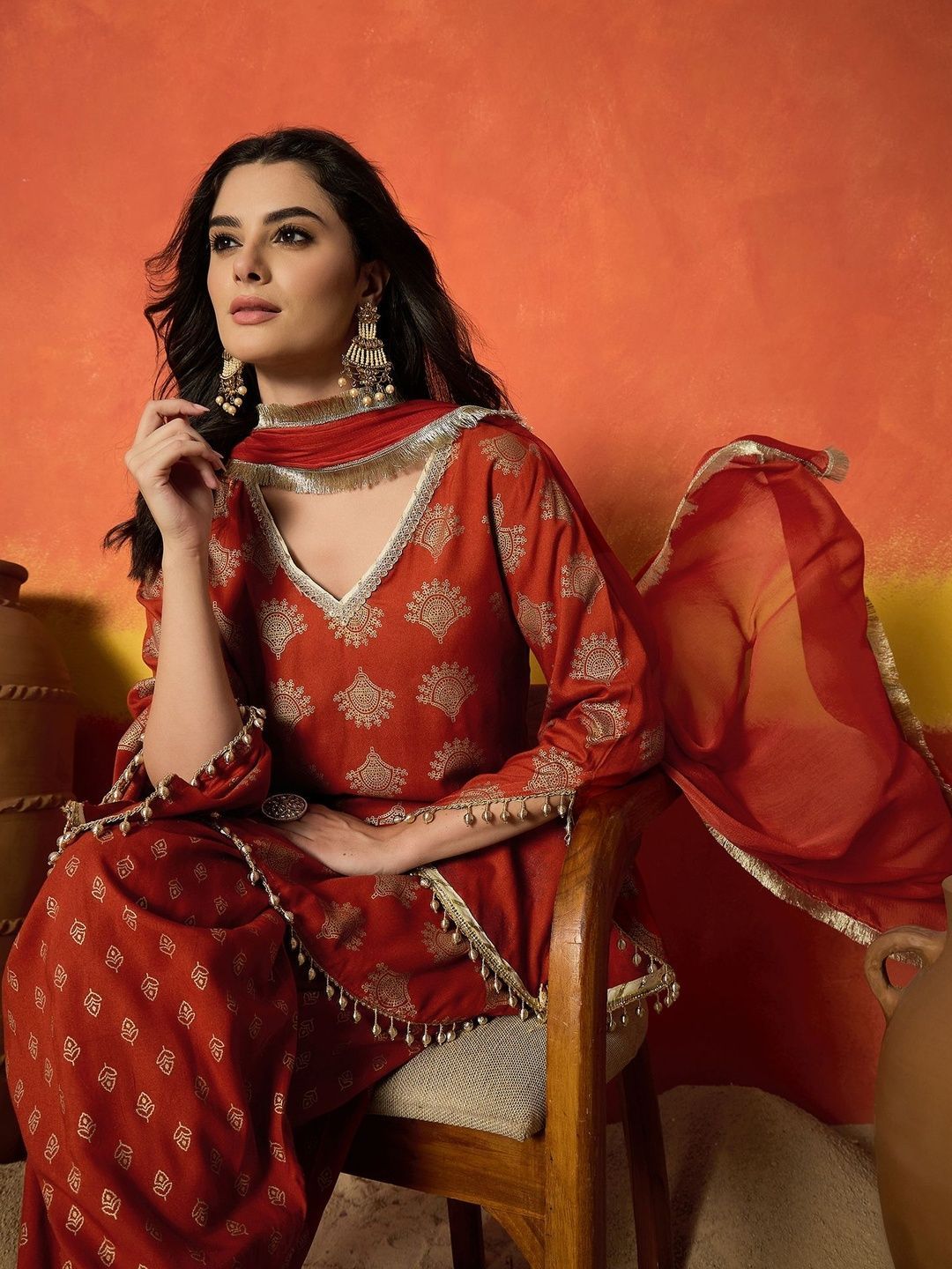 Women Rust Gold Printed Rayon A-Line Kurti Farshi Salwar With Dupatta Set