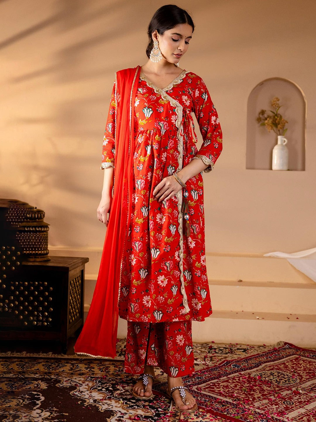 Floral Printed Angrakha Gotta Patti Pure Cotton Kurta with Palazzos & Dupatta