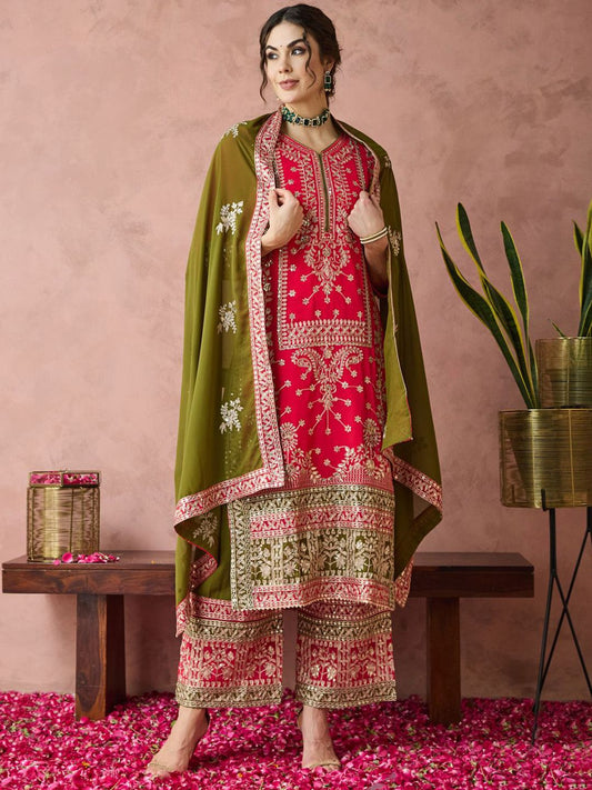 Women Floral Embroidered Sequinned Georgette Kurta With Palazzo & Dupatta