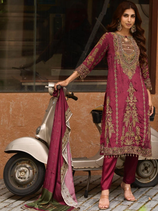 Women Ethnic Motifs Embroidered Regular Thread Work Silk Crepe Kurta with Trousers & With Dupatta