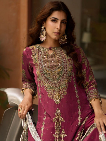 Women Ethnic Motifs Embroidered Regular Thread Work Silk Crepe Kurta with Trousers & With Dupatta