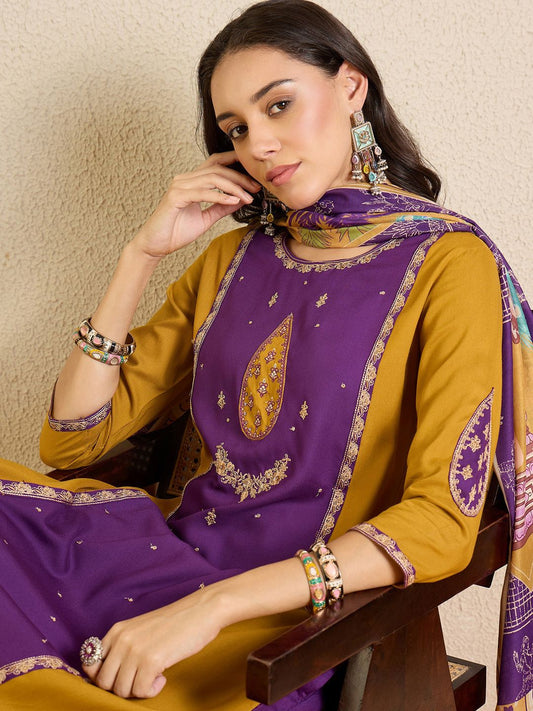 Women Ethnic Motifs Colourblocked Regular Thread Work Kurta with Patiala & With Dupatta