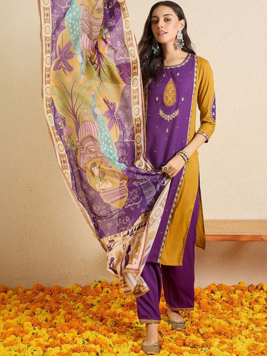 Women Ethnic Motifs Colourblocked Regular Thread Work Kurta with Patiala & With Dupatta