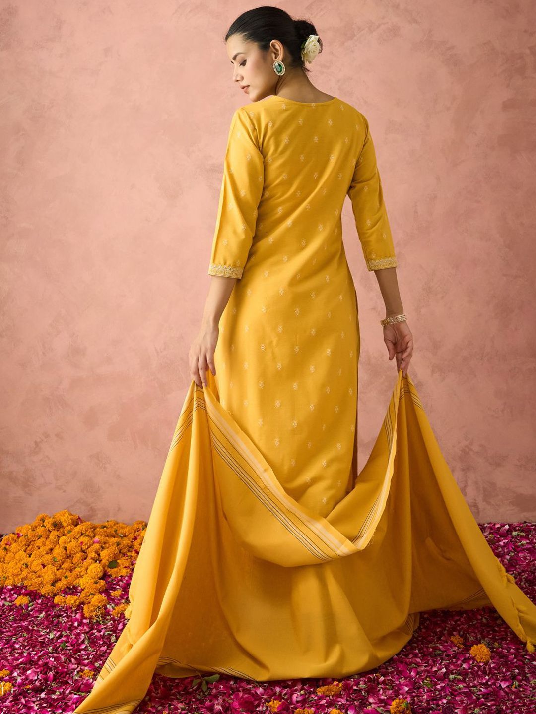 Woven Design Floral Embroidered Straight Kurta With Trouser And Dupatta