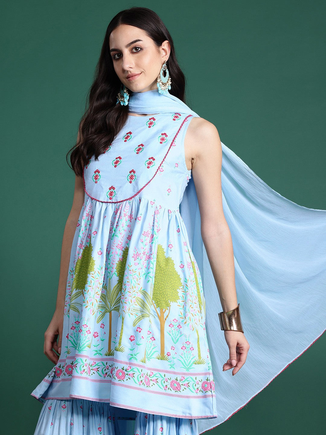 Printed Mirror Work Kurta with Sharara & Dupatta