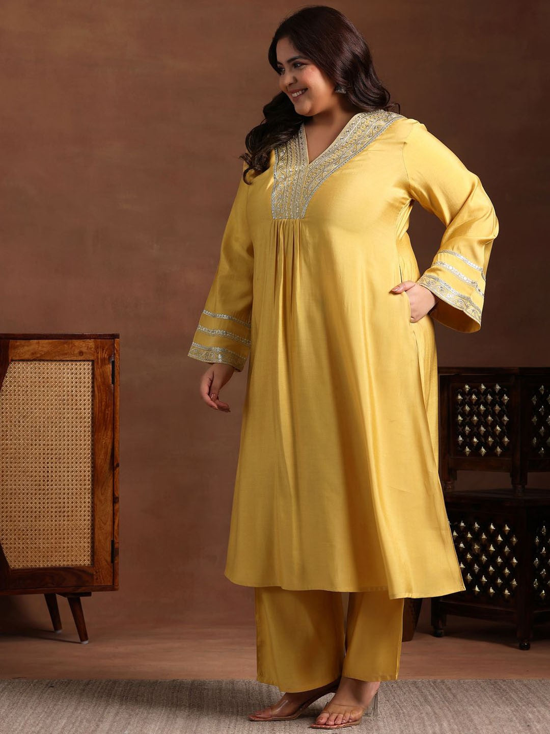 Plus Size Floral Yoke Designed Sequined Kurta with Trousers