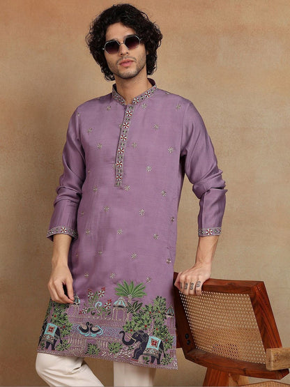 Men Embroidered Mandarin Collar Knee Length Straight Kurta