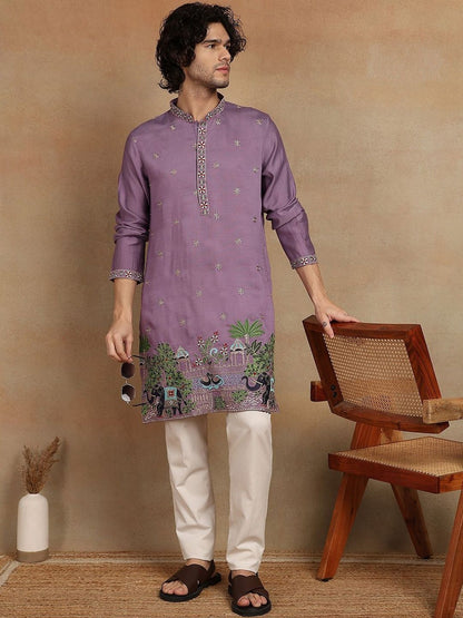 Men Embroidered Mandarin Collar Knee Length Straight Kurta