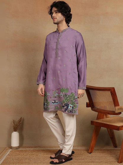 Men Embroidered Mandarin Collar Knee Length Straight Kurta