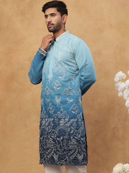 Men Embroidered Mandarin Collar Knee Length Straight Kurtas