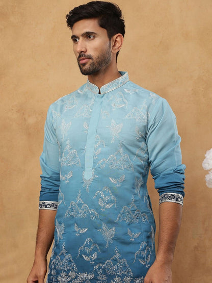 Men Embroidered Mandarin Collar Knee Length Straight Kurtas