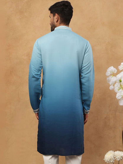 Men Embroidered Mandarin Collar Knee Length Straight Kurtas