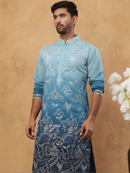 Men Embroidered Mandarin Collar Knee Length Straight Kurtas
