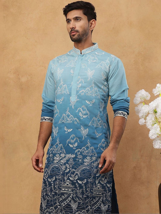 Men Embroidered Mandarin Collar Knee Length Straight Kurtas