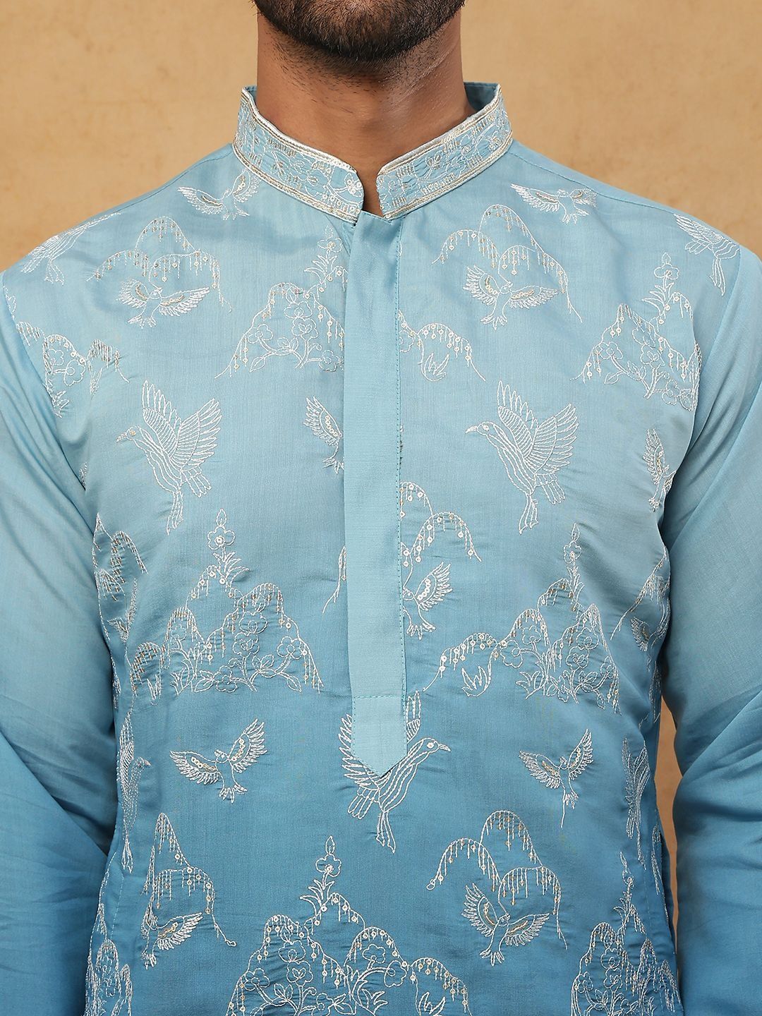 Men Embroidered Mandarin Collar Knee Length Straight Kurtas