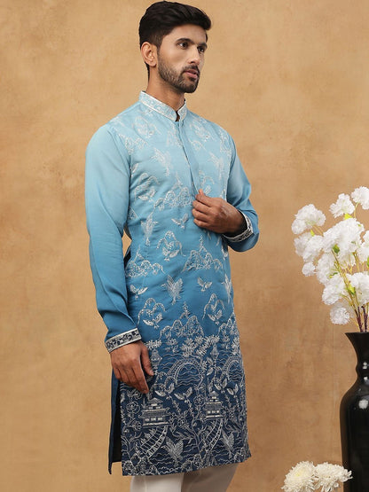 Men Embroidered Mandarin Collar Knee Length Straight Kurtas