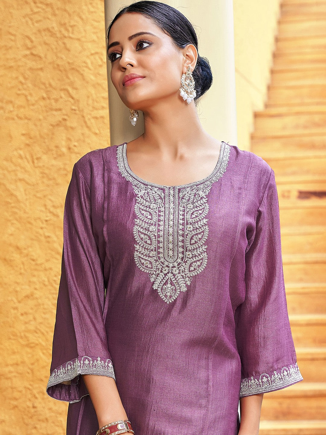 Ethnic Motifs Yoke Design Panelled Sequinned Kurta with Trousers & With Dupatta