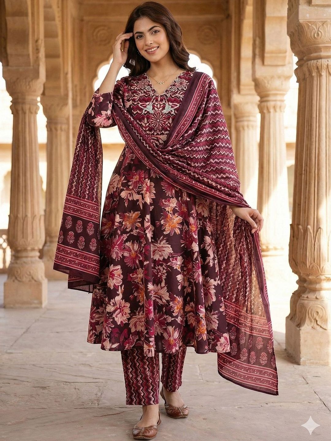 Women Floral Embroidered Regular Thread Work Pure Cotton Kurta with Trousers & With Dupatta