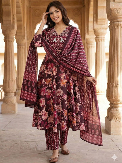 Women Floral Embroidered Regular Thread Work Pure Cotton Kurta with Trousers & With Dupatta
