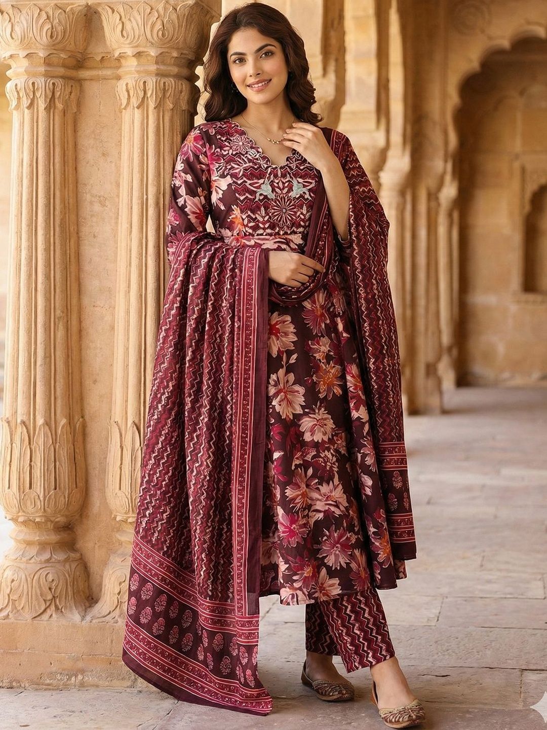 Women Floral Embroidered Regular Thread Work Pure Cotton Kurta with Trousers & With Dupatta