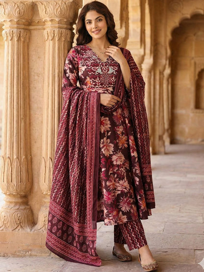 Women Floral Embroidered Regular Thread Work Pure Cotton Kurta with Trousers & With Dupatta