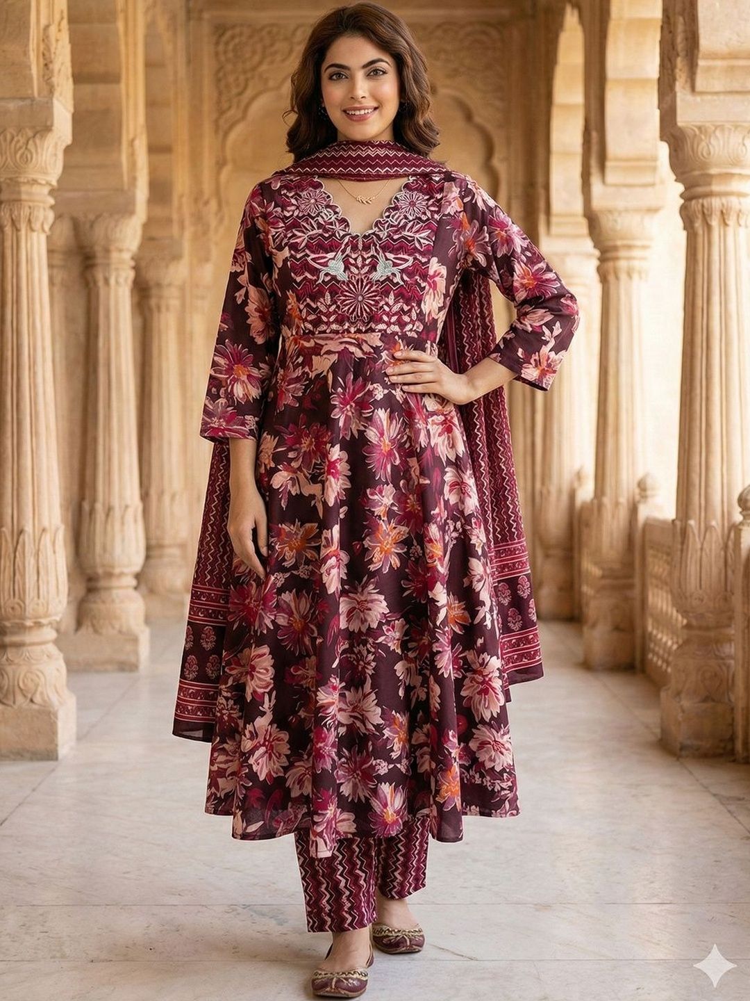 Women Floral Embroidered Regular Thread Work Pure Cotton Kurta with Trousers & With Dupatta