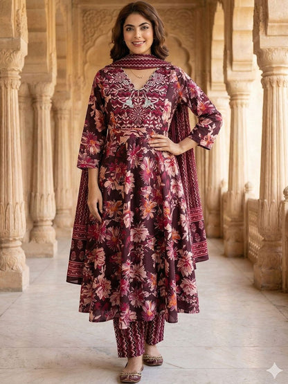 Women Floral Embroidered Regular Thread Work Pure Cotton Kurta with Trousers & With Dupatta