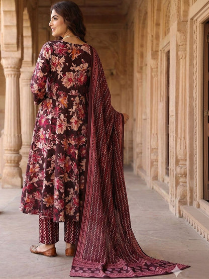 Women Floral Embroidered Regular Thread Work Pure Cotton Kurta with Trousers & With Dupatta