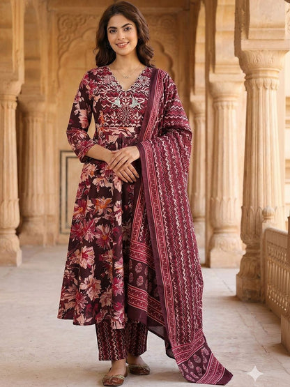 Women Floral Embroidered Regular Thread Work Pure Cotton Kurta with Trousers & With Dupatta