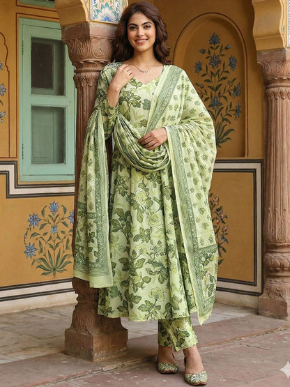 Women Floral Printed Regular Pure Cotton Kurta with Trousers & With Dupatta