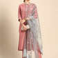 Women Pink & Blue Ethnic Motifs Embroidered Kurta with Trousers & With Dupatta