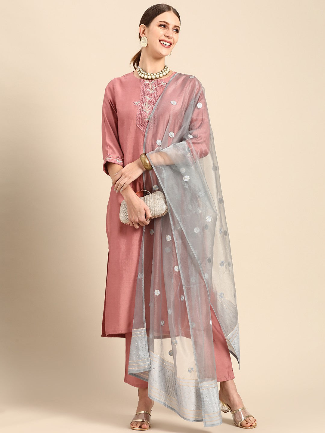 Women Pink & Blue Ethnic Motifs Embroidered Kurta with Trousers & With Dupatta