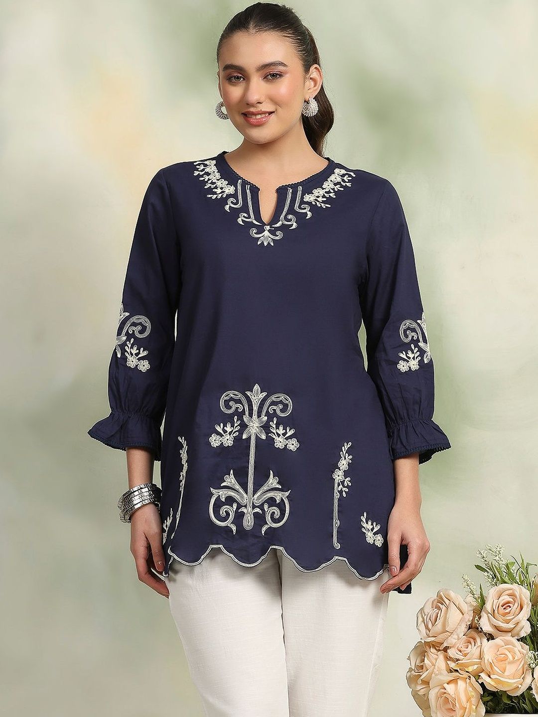 Women Floral Embroidered Round Neck Top