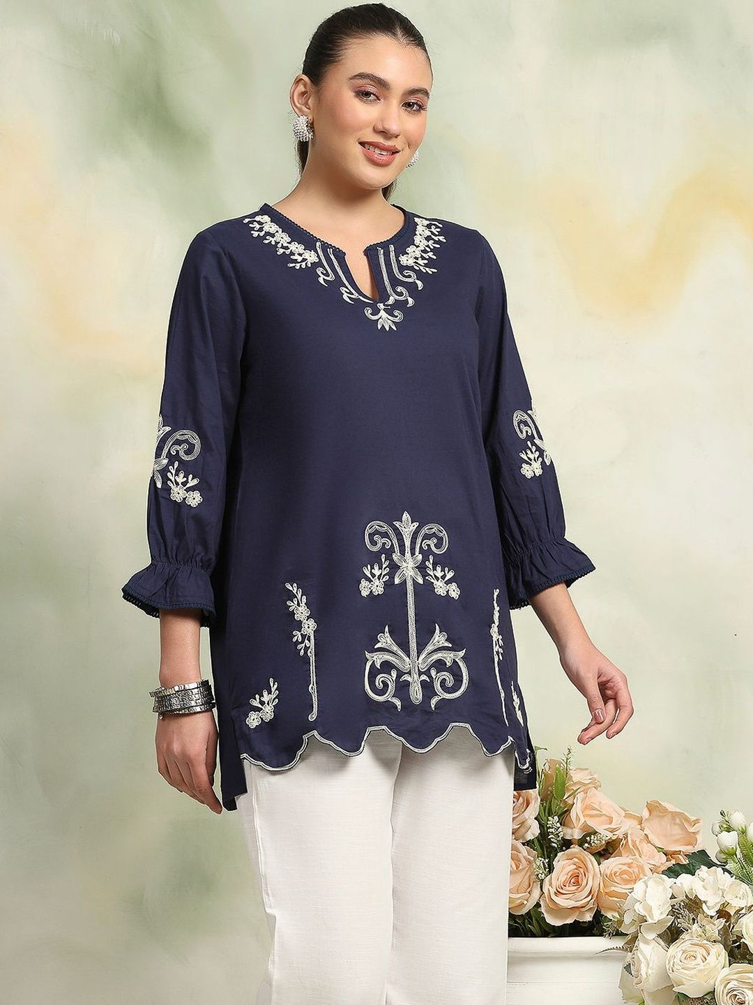 Women Floral Embroidered Round Neck Top