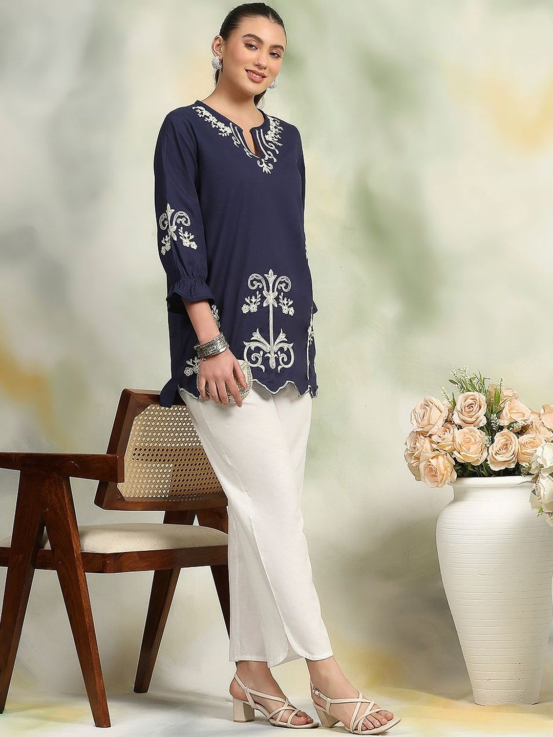 Women Floral Embroidered Round Neck Top