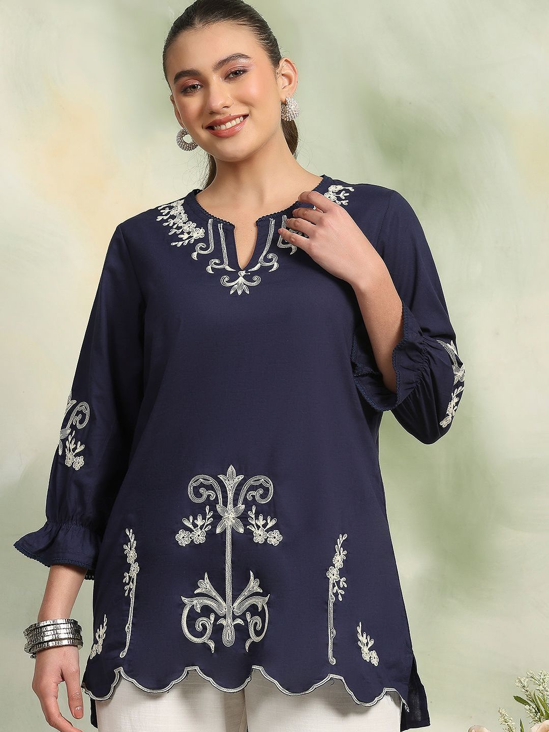 Women Floral Embroidered Round Neck Top