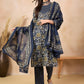 Navy Blue Floral Printed Pure Cotton Straight Kurta & Trousers With Dupatta