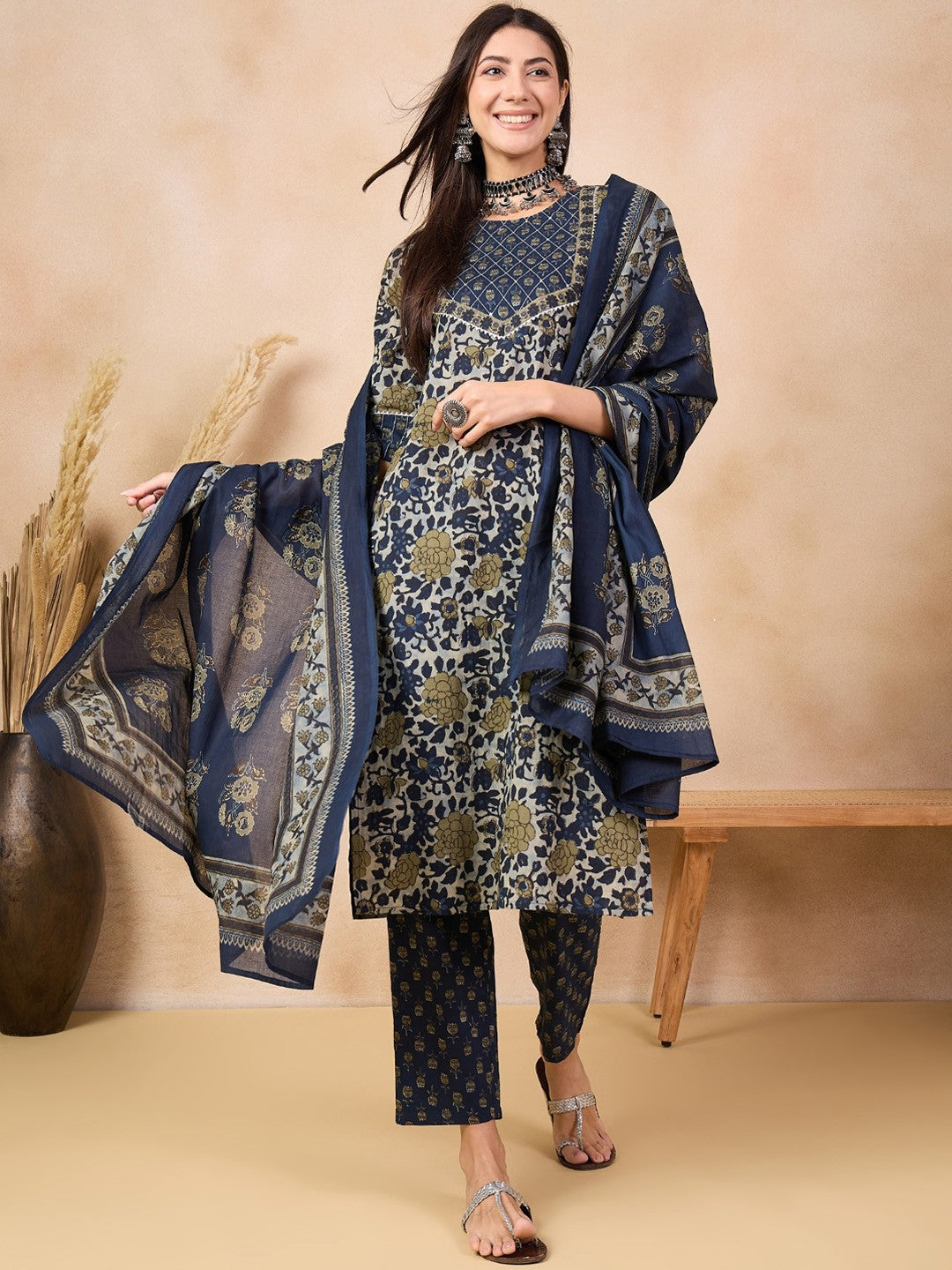 Navy Blue Floral Printed Pure Cotton Straight Kurta & Trousers With Dupatta