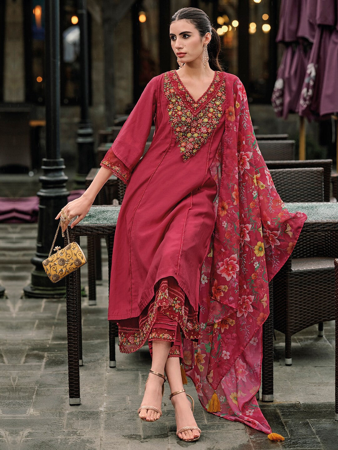 Floral Embroidered Panelled Thread Work A-Line Kurta With Trousers & Dupatta