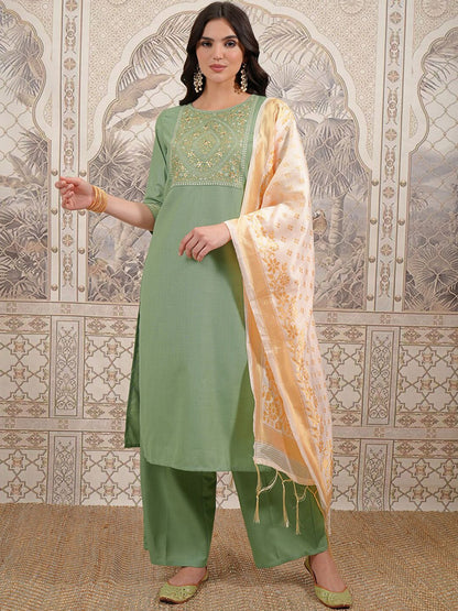 Women Green Ethnic Motifs Yoke Design Thread Work Straight Kurta With Palazzos & Dupatta
