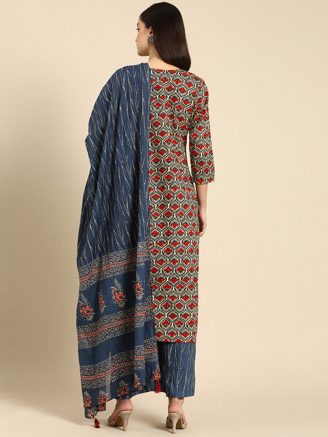 Women Blue Ethnic Motifs Printed Regular Pure Cotton Kurta With Palazzos & Dupatta