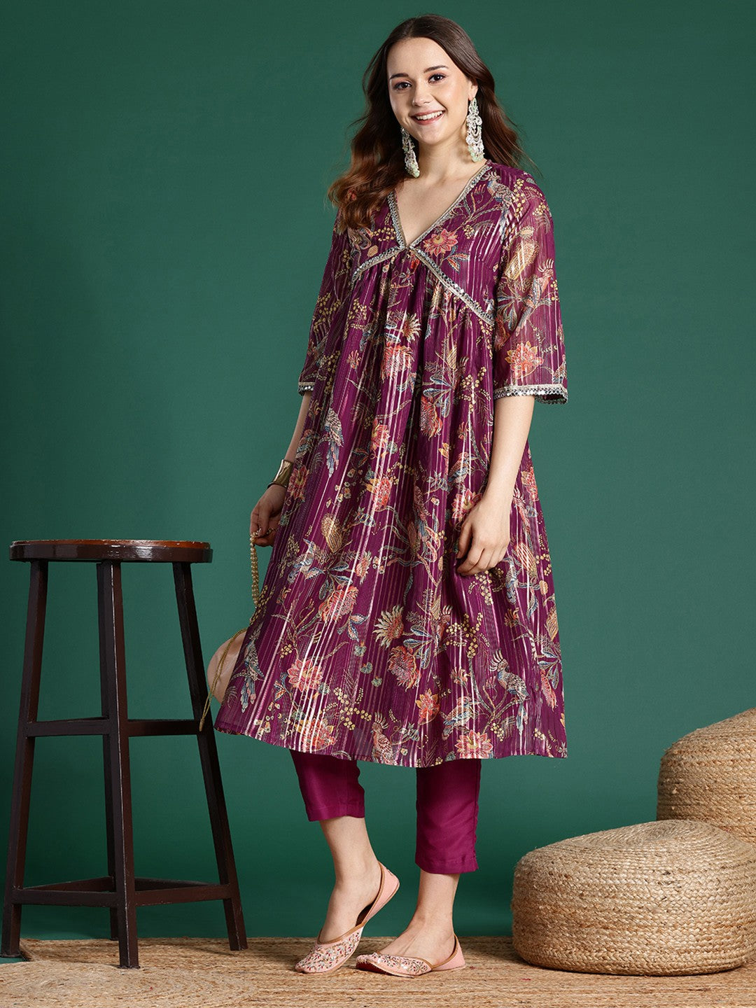 Mirror Work Lurex with Foil Floral Printed Kurta & Trousers