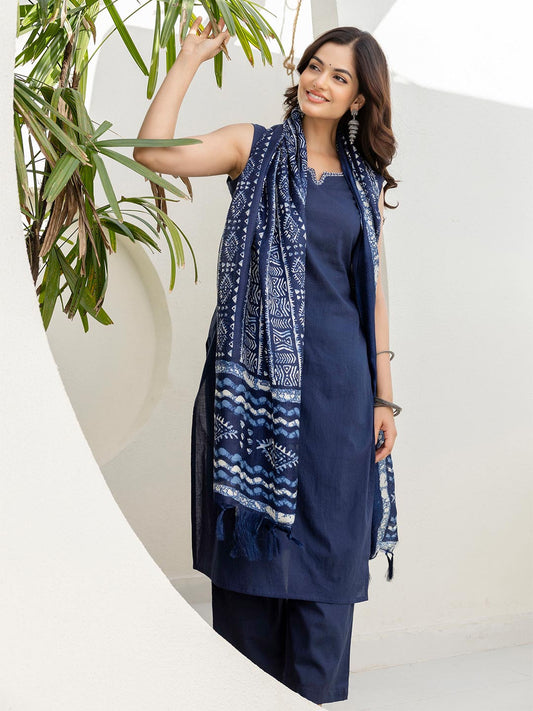 Notch Neck Thread Work Pure Cotton Straight Kurta With Trousers & Dupatta