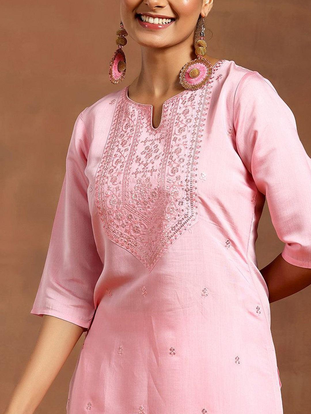 Ethnic Motifs Embroidered Regular Sequinned Straight Kurta with Salwar