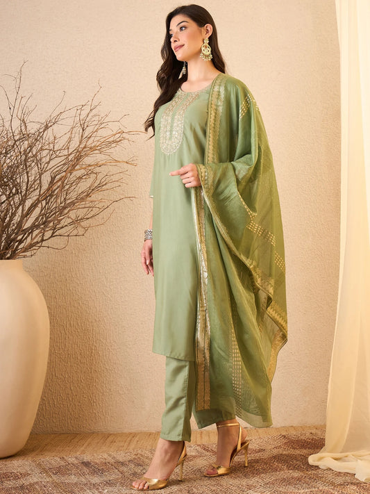 Women Viscose Rayon Kurta Pant Dupatta Set
