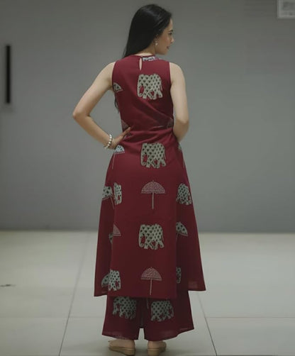 Elephant Print Sleeveless Kurta Palazzo set - Amy's Cart