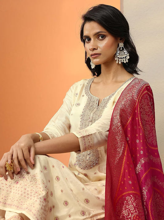 Woven Design Silk Blend Straight Kurta With Trouser and Dupatta
