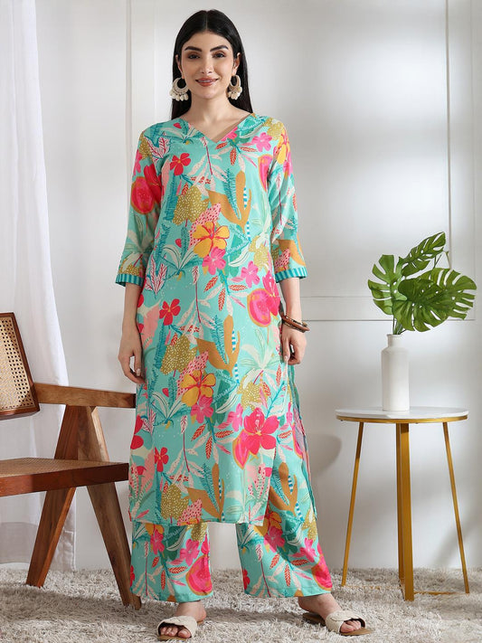 Women Floral Printed Regular Rayon Kurti With Palazzos